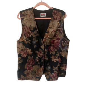 90s Floral Vest Women's XL Waistcoat Moody Dark Academia Fabric Buttons